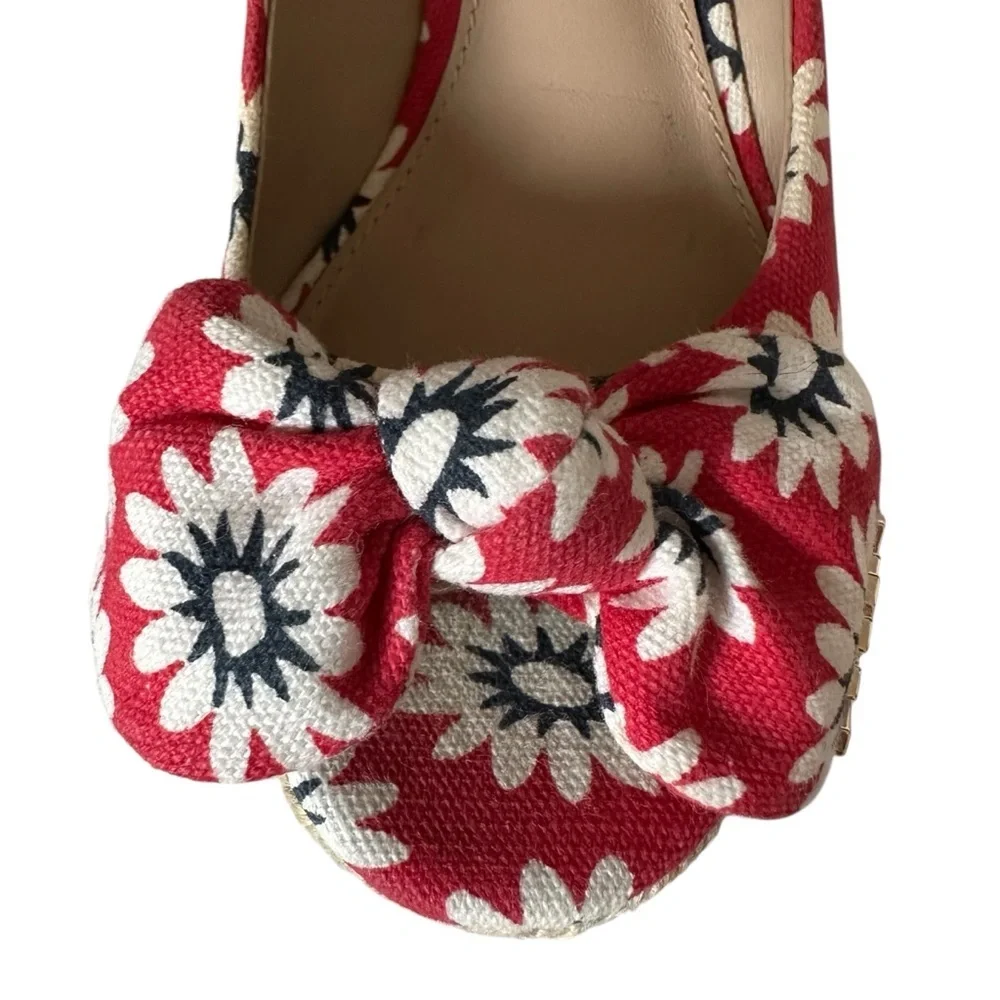 Tory Burch Dory Espadrille Wedge Red Floral Peep Toe Bow 6.5